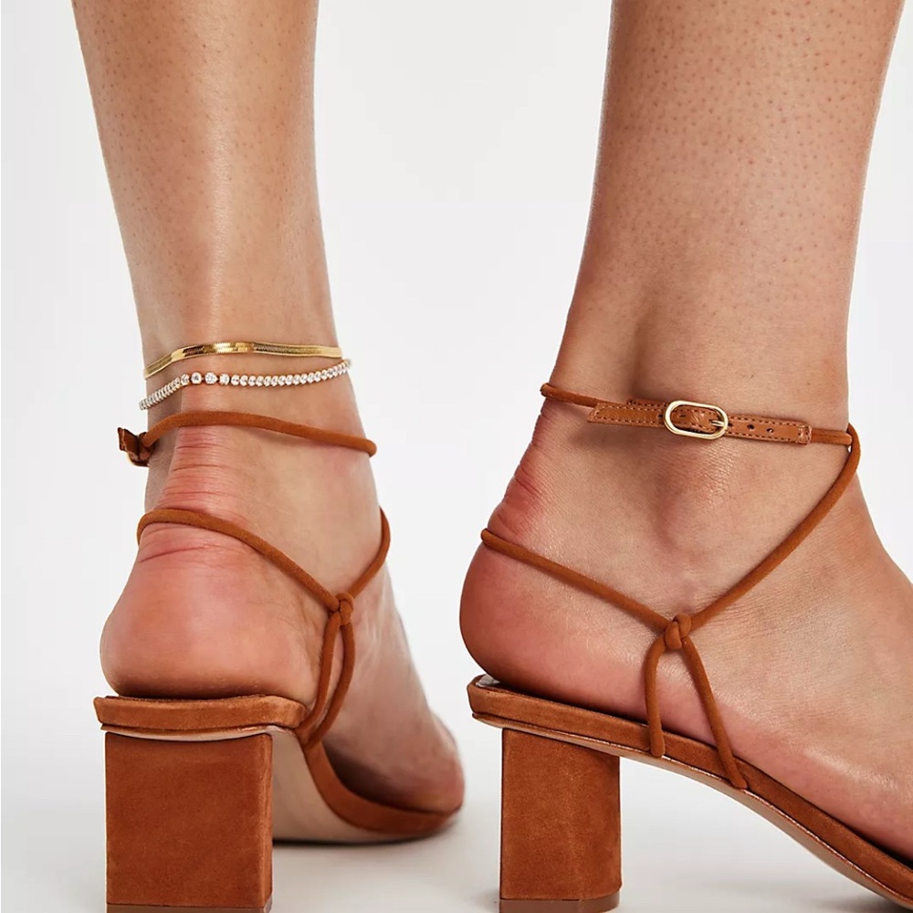 SCHUTZ Tan Block Heel Sandals with Crisscross Straps